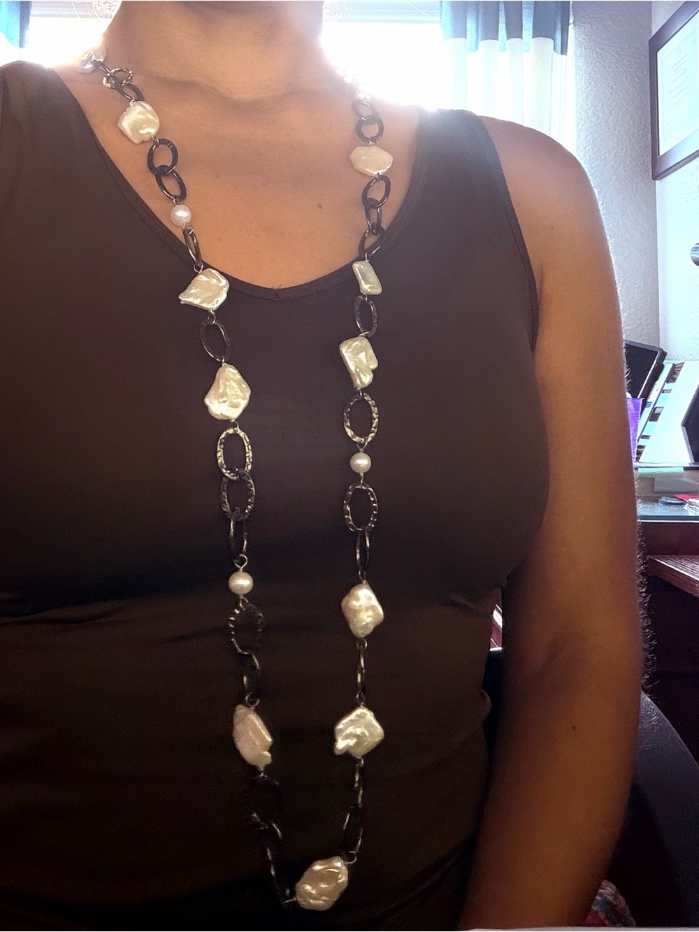 Long Pearl and Dark Metal Link Necklace - White Pearls